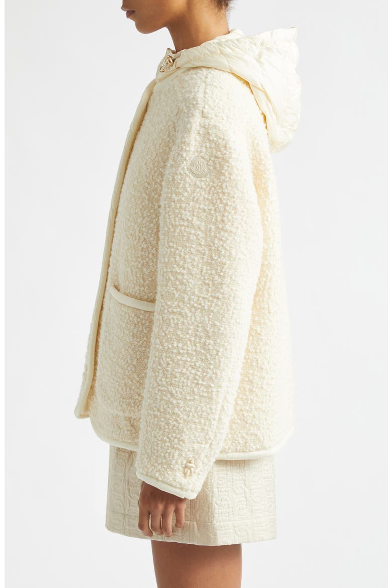 Hylesine Hooded Wool & Cotton Blend Bouclé Coat, Alternate, color, WHITE
