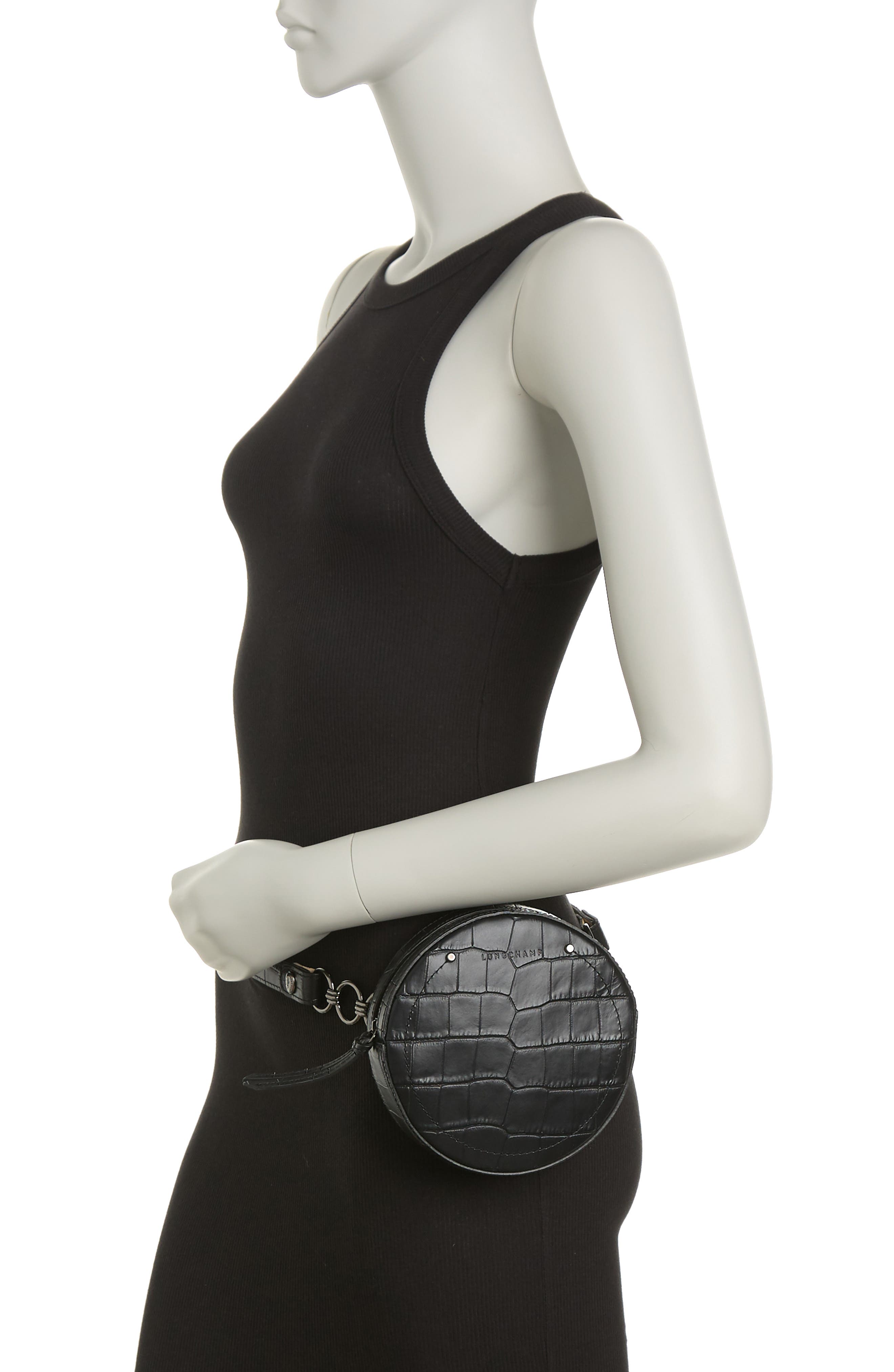 Longchamp Croc Embossed Circle Belt Bag, Alternate, color, Black