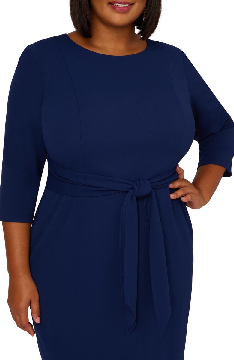 Adrianna Papell Tie Waist Crepe Dress, Alternate, color, Navy Sateen