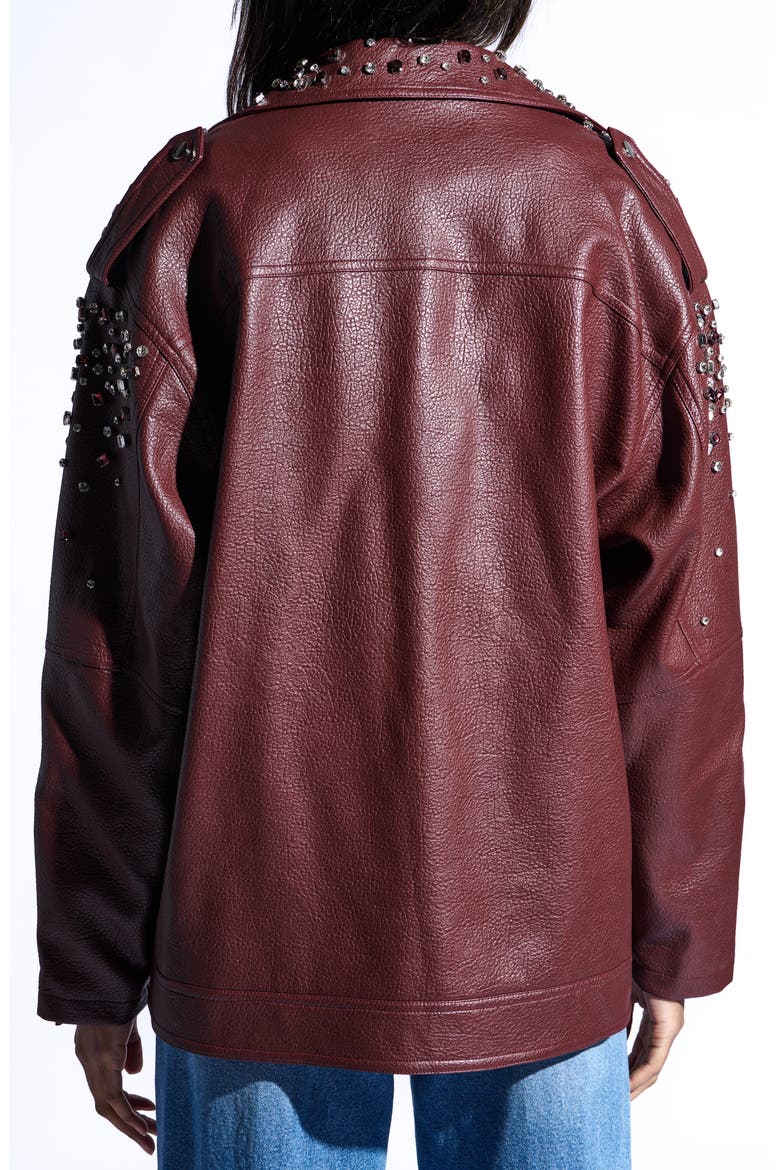 Crystal Studded Oversize Faux Leather Moto Jacket, Alternate, color, BURGUNDY
