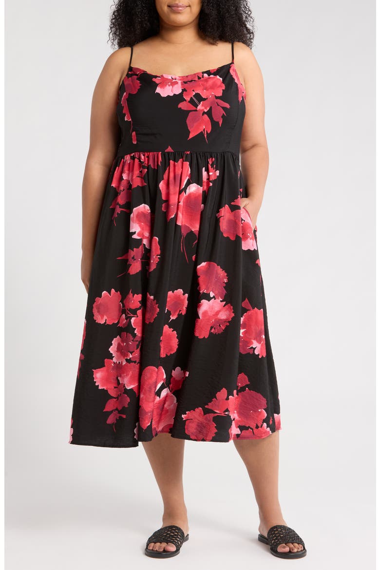 Floral Midi Dress, Main, color, RED/ BLACK