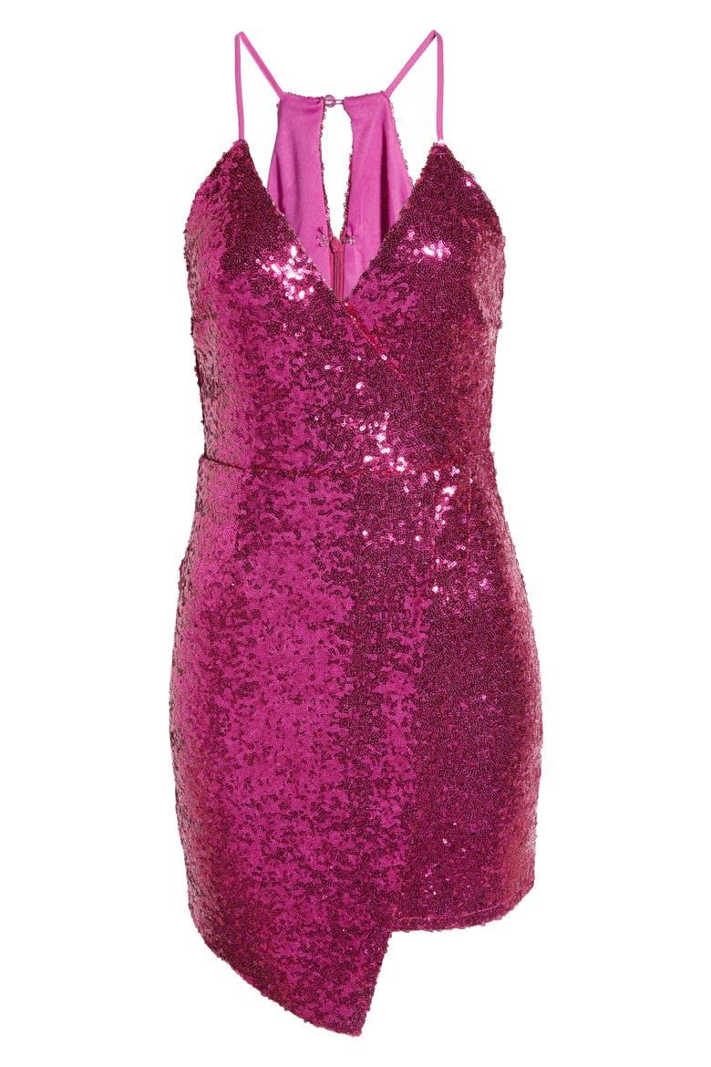 Hilaria Sequin Halter Neck Asymmetric Envelope Hem Minidress, Alternate, color, FUCHSIA