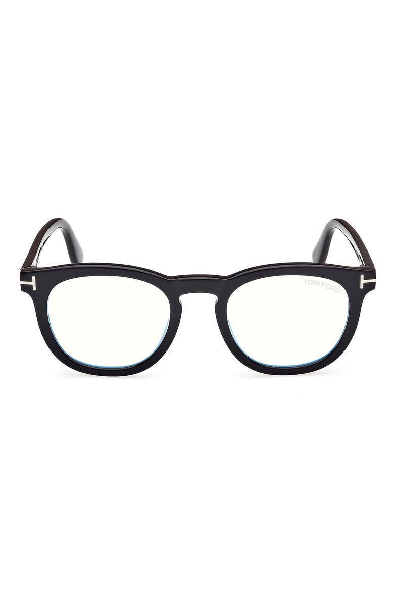 TOM FORD 50mm Small Round Blue Light Blocking Glasses, Main, color, Black/ White Eco / T Logo