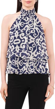 Chaus Medallion Print Smocked Halter Neck Blouse