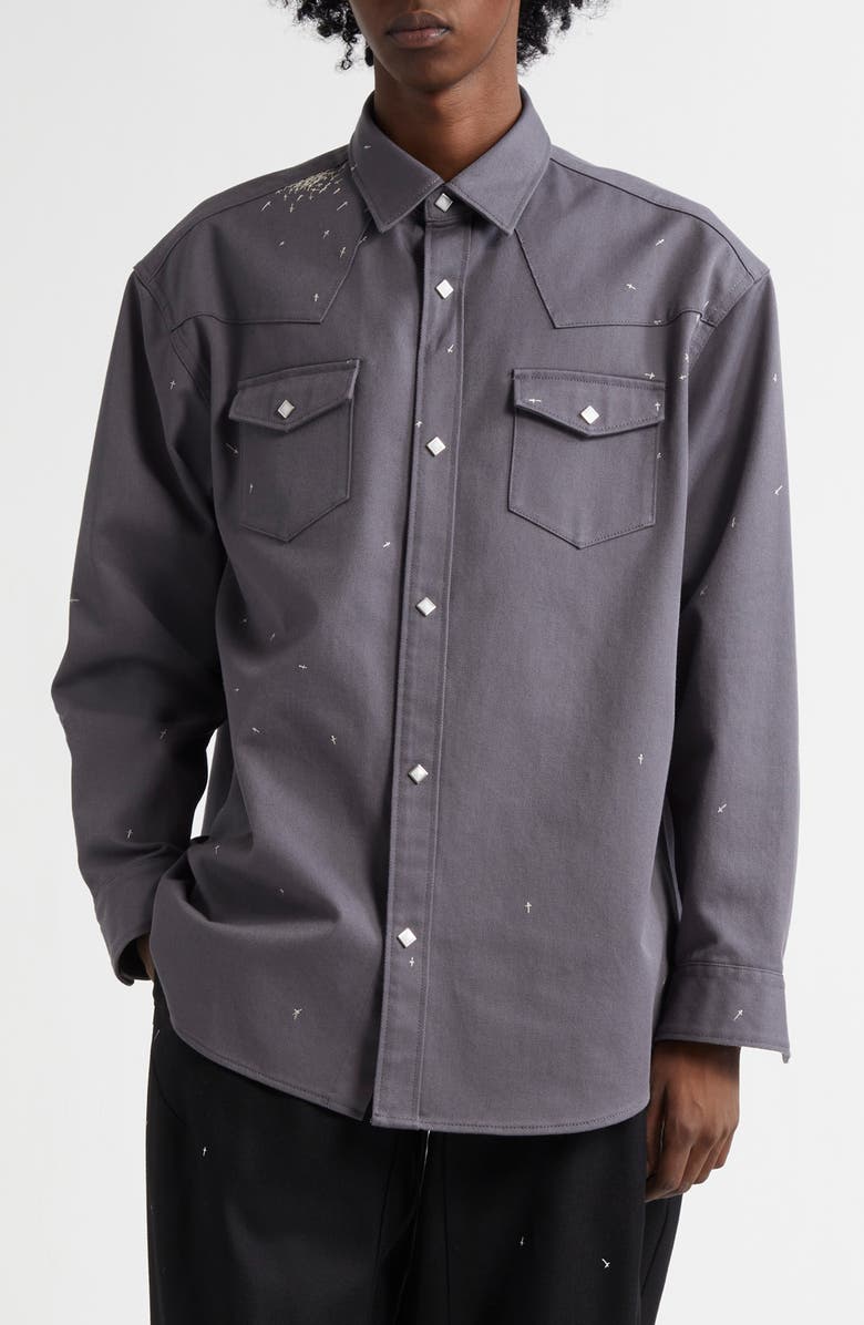 Undercover Cross Embroidered Western Twill Snap-Up Shirt, Main, color,