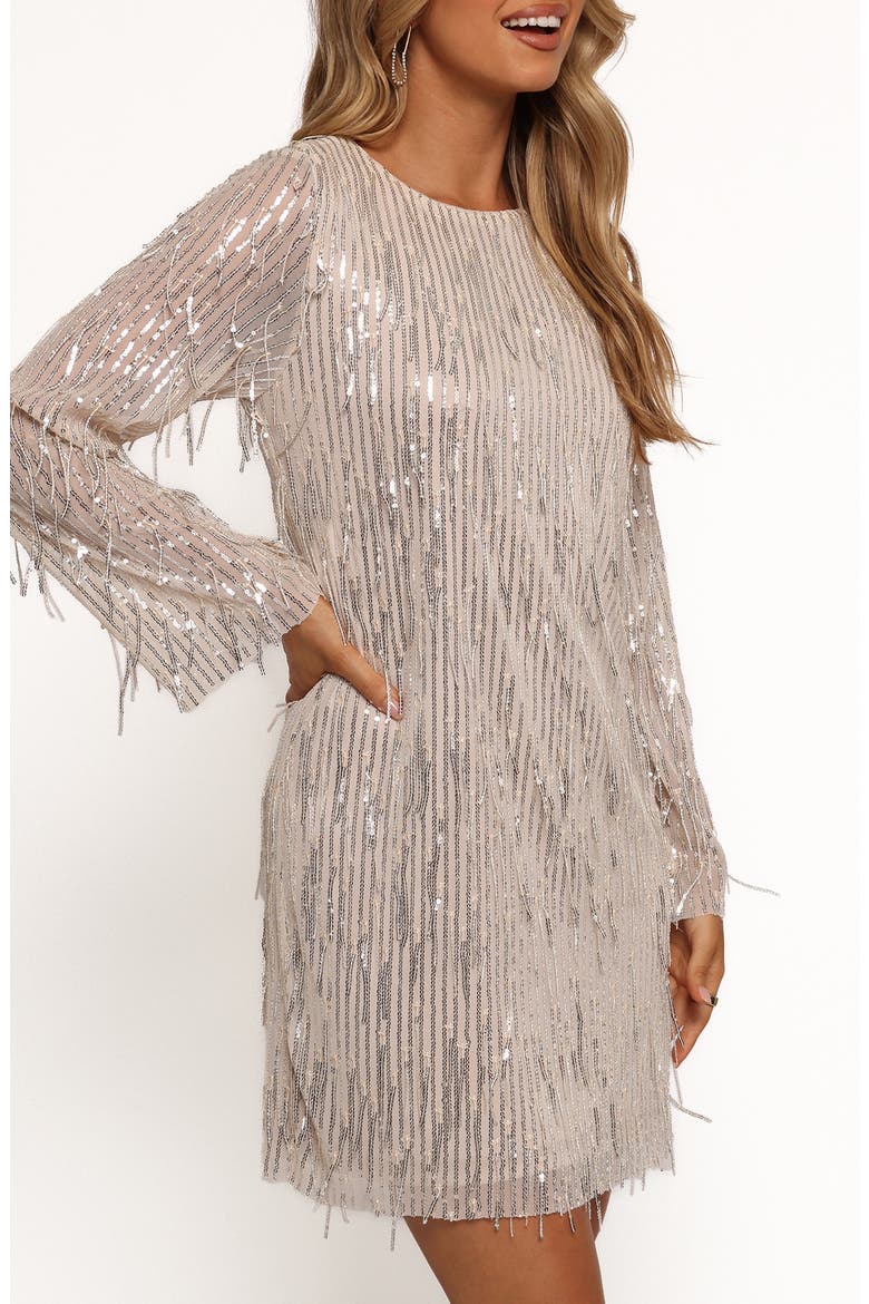 Serena Long Sleeve Sequin Fringe Minidress, Alternate, color, NUDE/SILVER