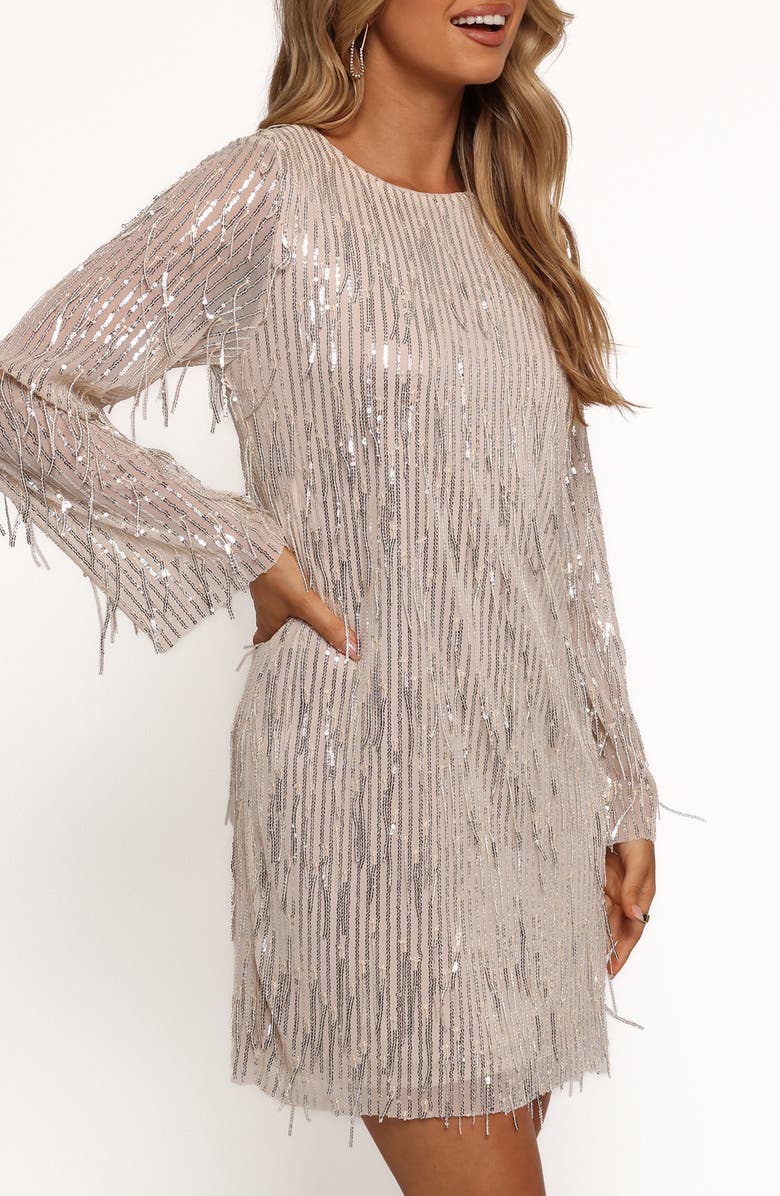 Petal & Pup Serena Long Sleeve Sequin Fringe Minidress, Alternate, color, Nude/Silver