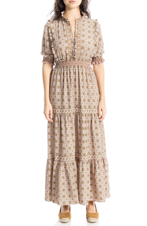 Max Studio Floral Short Sleeve Tiered Maxi Dress In Blush/olive Curvy Cube