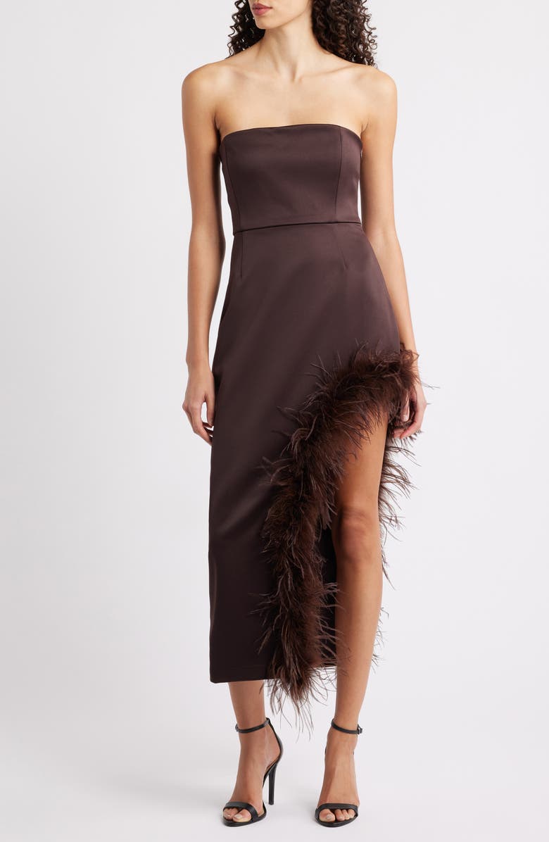 Delfi Collective Jocelyn Feather Detail Strapless Satin Cocktail Sheath Dress, Main, color, Chocolate