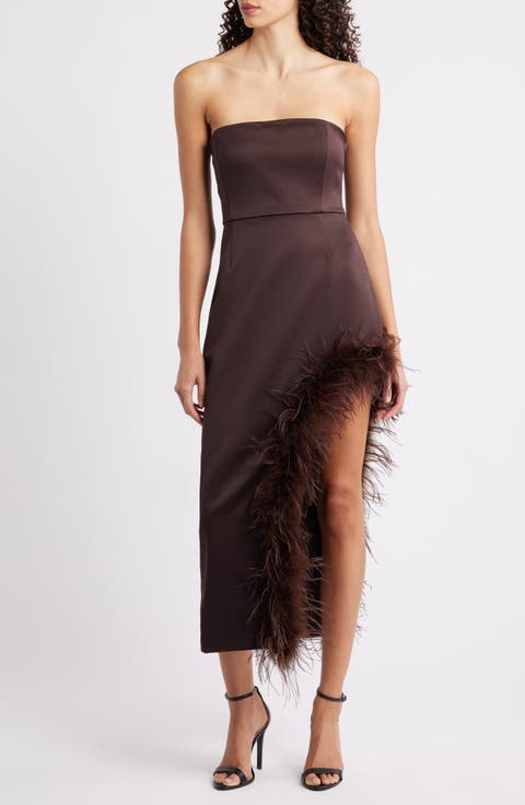 Jocelyn Feather Detail Strapless Satin Cocktail Sheath Dress