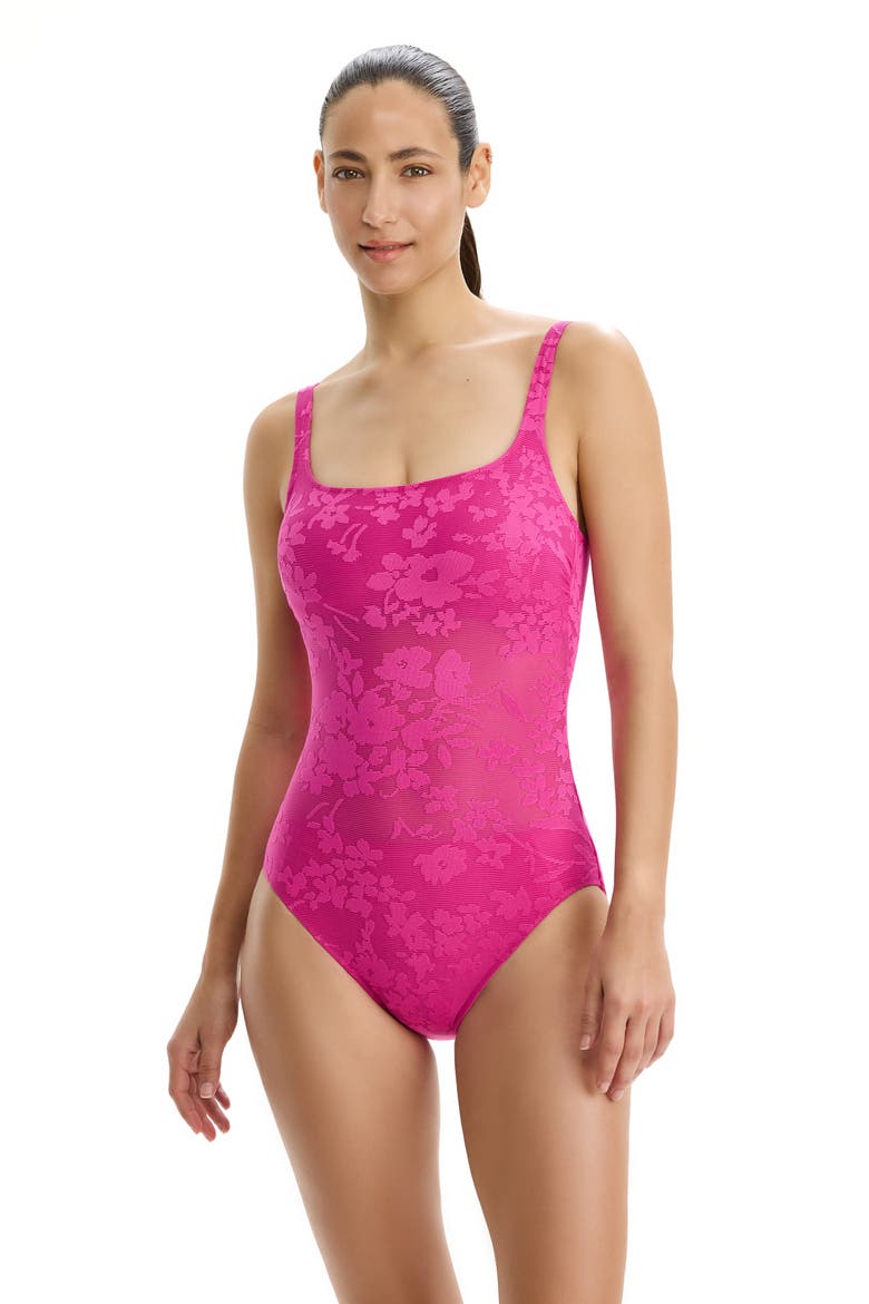Chantilly Lace Textured Square Neck One Piece Swimsuit, Main, color, Pink