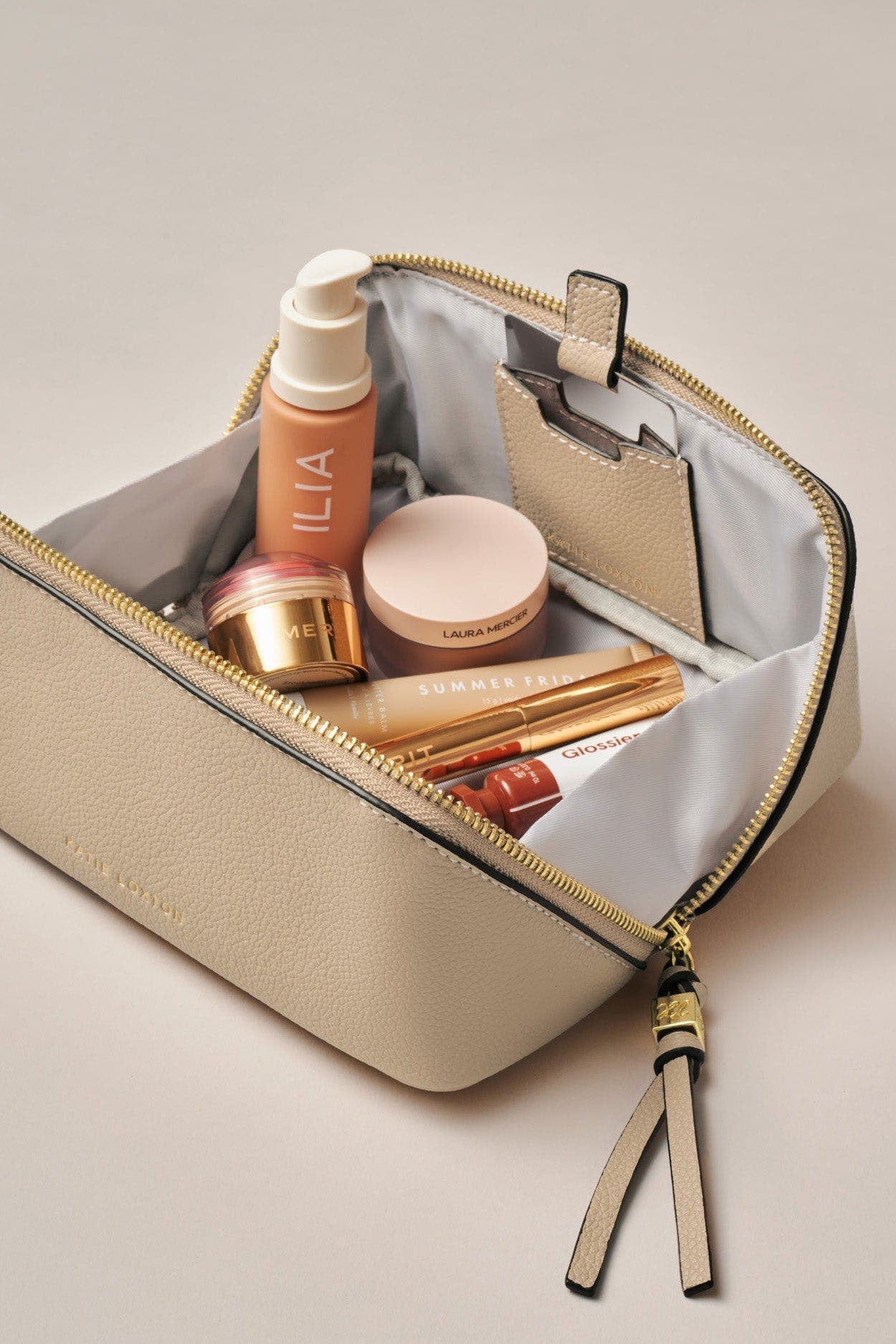 Fold-Out Mirror Makeup Bag in Light Taupe, Alternate, color, Light Taupe