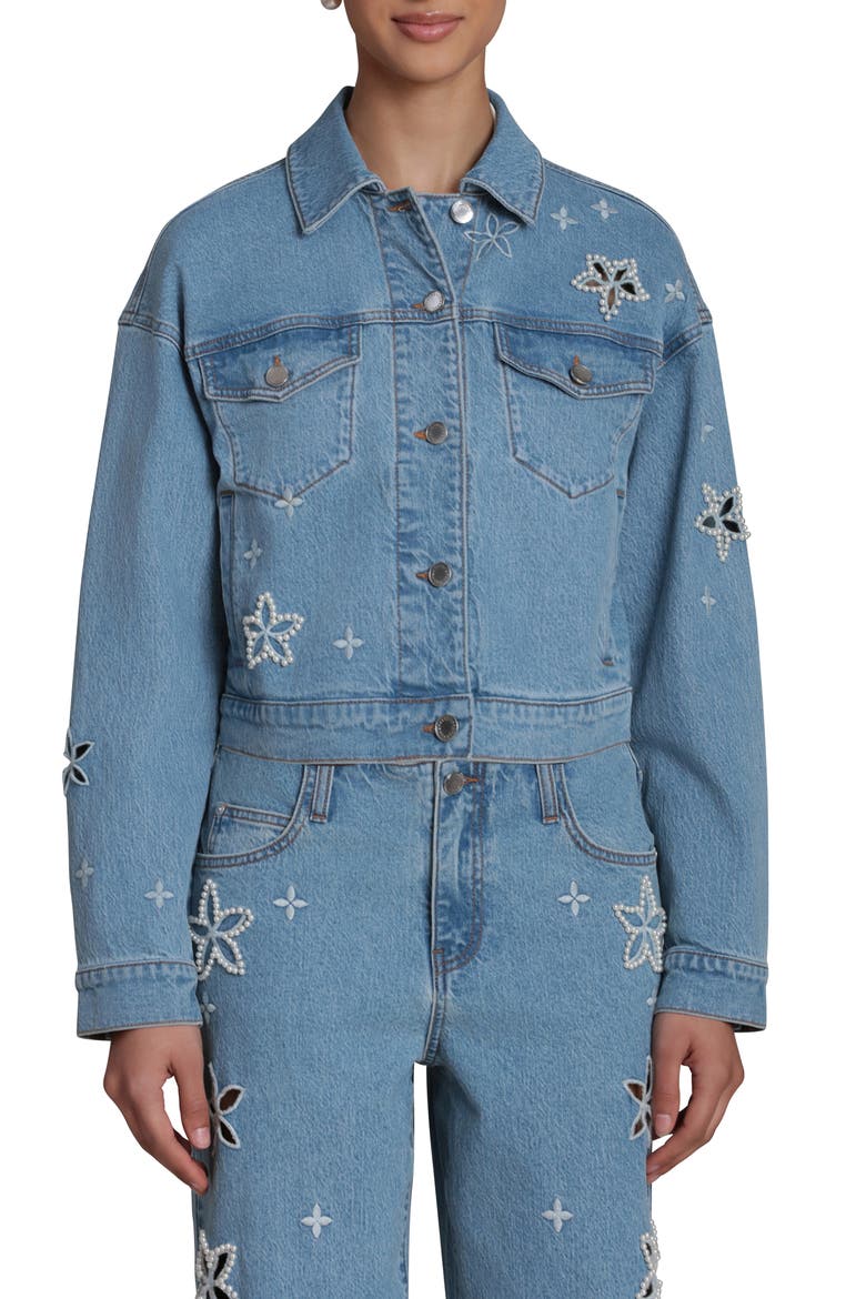 Faux Pearl Floral Denim Jacket, Alternate, color, FLEUR STAMP/ NIKKI WASH
