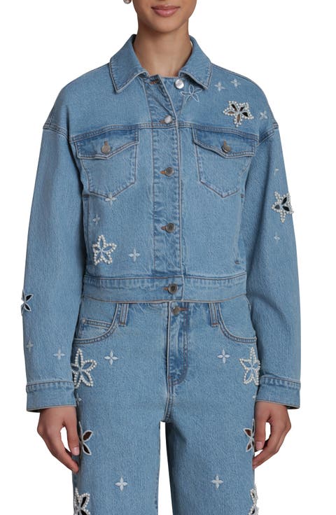 Faux Pearl Floral Denim Jacket