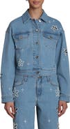 Avec Les Filles Faux Pearl Floral Denim Jacket