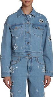 Avec Les Filles Faux Pearl Floral Denim Jacket