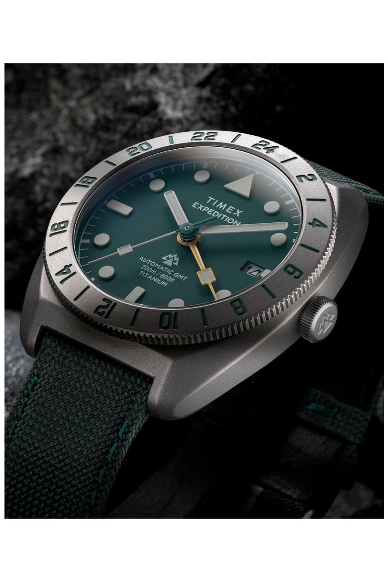 Expedition Pioneer Titanium GMT Automatic Webbing Strap Watch, 41mm, Alternate, color, TITANIUM
