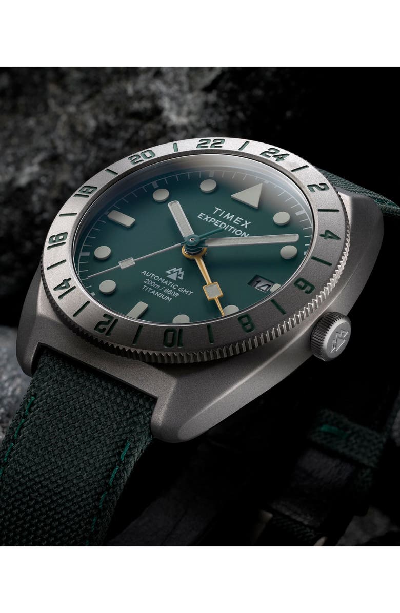 Timex<sup>®</sup> Expedition Pioneer Titanium GMT Automatic Webbing Strap Watch, 41mm, Alternate, color, Titanium