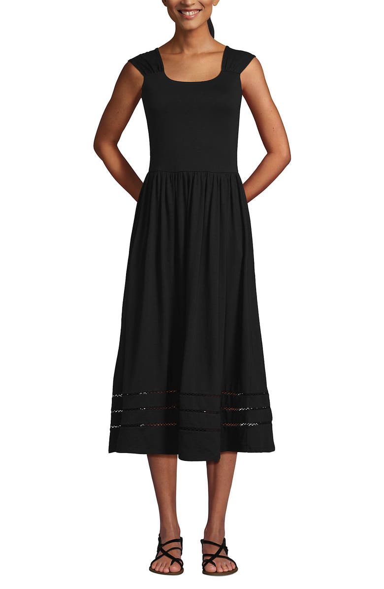 Lands' End Slub Cap Sleeve Shirred Skirt Midi Dress, Main, color, Black