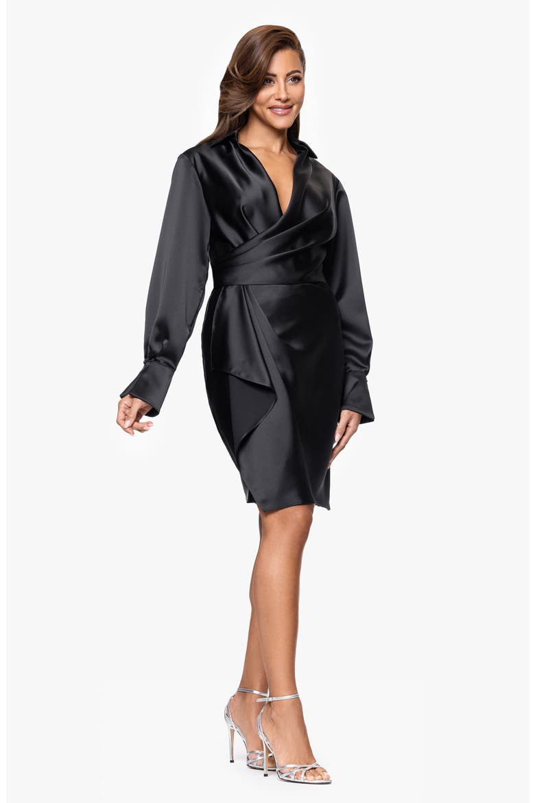 Long Sleeve Satin Wrap Cocktail Dress, Alternate, color, BLACK