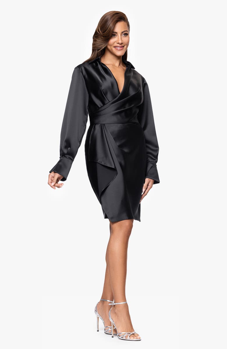 Xscape Evenings Long Sleeve Satin Wrap Cocktail Dress, Alternate, color, Black