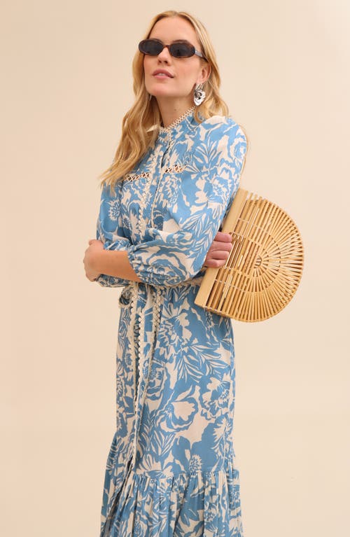 Avec Les Filles Floral Print Long Sleeve Cotton Poplin Dress In Blue Vintage Floral