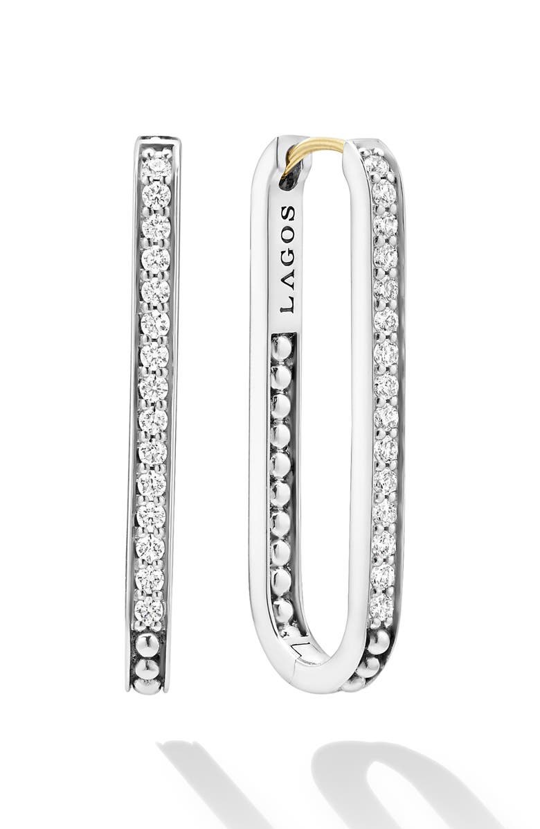 LAGOS Caviar Spark Large Linear Diamond Hoop Earrings, Main, color, Silver