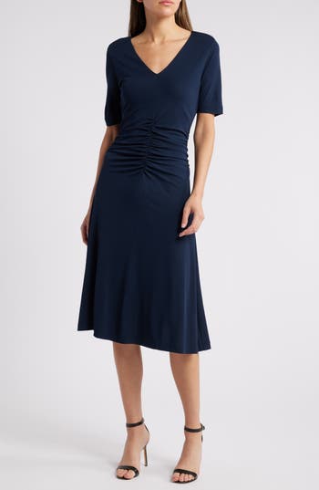 Hugo Boss Boss Erina Ruched Knit Dress In Sky Captain