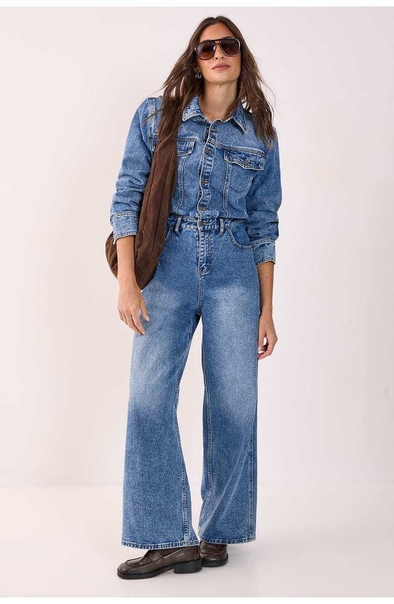 NASTY GAL Denim Shoulder Pad Boilersuit, Main, color, Stonewash