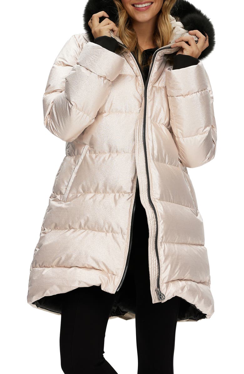GORSKI Apres-Ski Horizontal Long Coat with Detachable Genuine Shearling Hood Trim, Alternate, color, Gold/Black