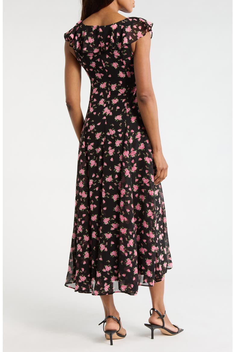 Ruffle Godet Midi Dress, Alternate, color, BLACK ROSES