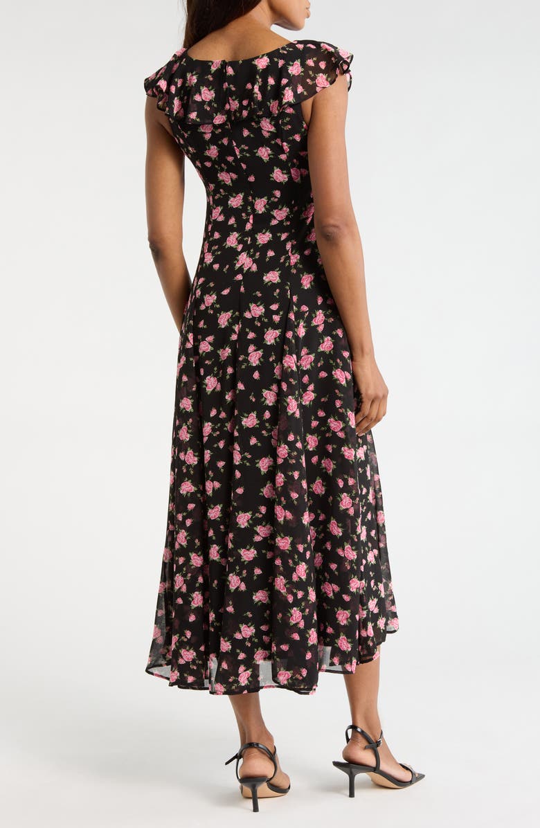 WAYF Floral Cap Sleeve Godet Midi Dress, Alternate, color, Black Roses