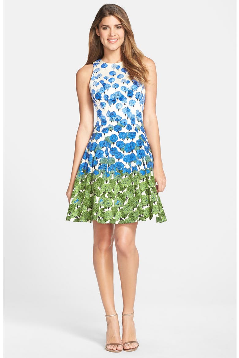 Floral Print Fit & Flare Dress, Alternate, color, CREAM/ PERIWINKLE