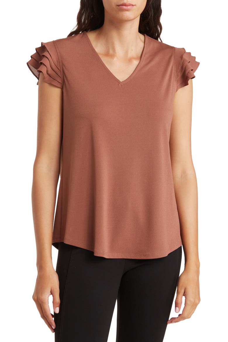 V-Neck Tiered Ruffle Sleeve Crepe Knit Top, Main, color, TOASTED GINGER
