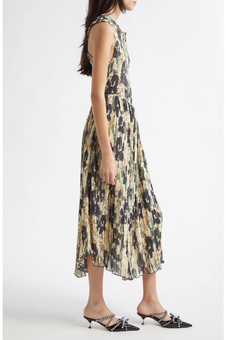 Floral Print Smocked & Pleated Midi Dress, Alternate, color, AFTERGLOW