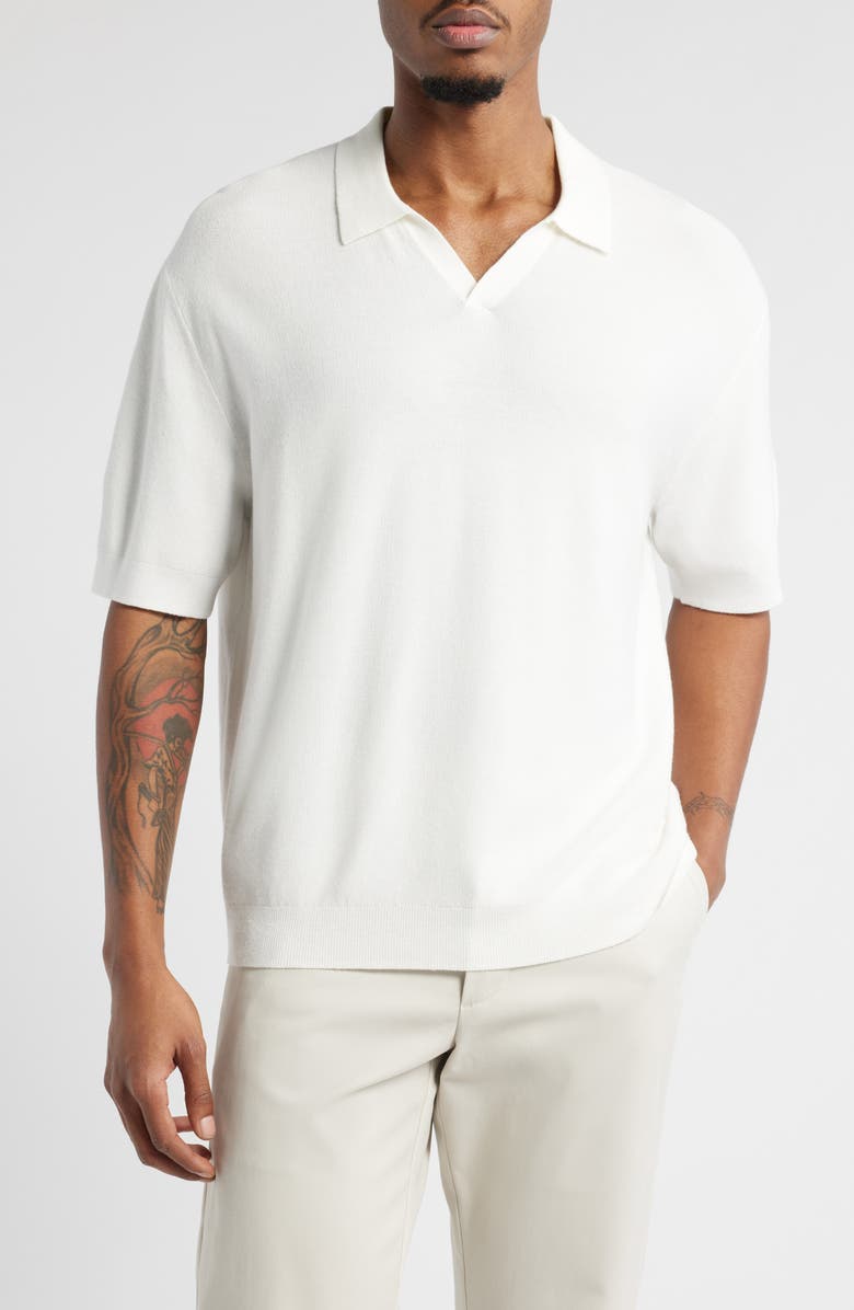 Open Edit Textured Stitch Short Sleeve Polo Sweater, Main, color, White