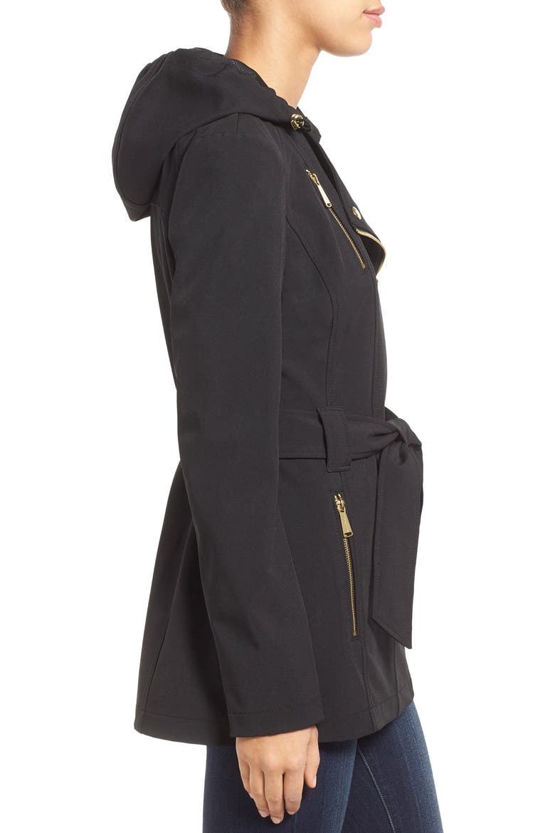 Asymmetrical Zip Belted Soft Shell Coat, Alternate, color, BLACK