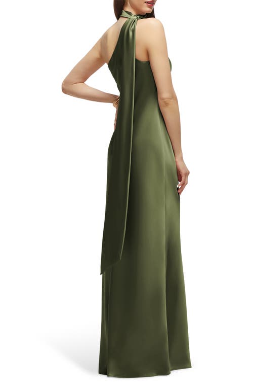After Six Scarf Detail One-shoulder Satin Charmeuse Column Gown In Green