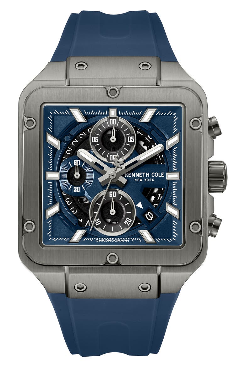 Arlington Automatic Chronograph Silicone Strap Watch, 43mm, Main, color, BLUE