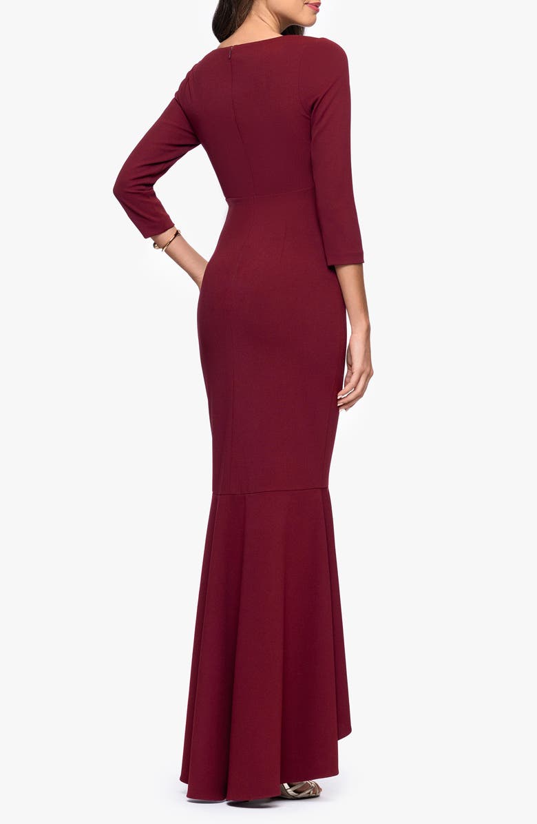 Betsy & Adam Ruffle Scuba Crepe Faux Wrap High-Low Mermaid Gown, Alternate, color, Bordeaux