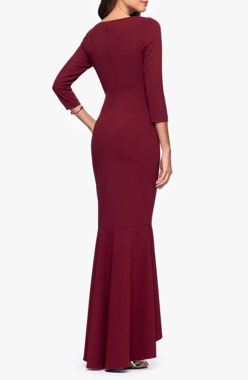 Betsy & Adam Ruffle Scuba Crepe Faux Wrap High-low Mermaid Gown In Burgundy