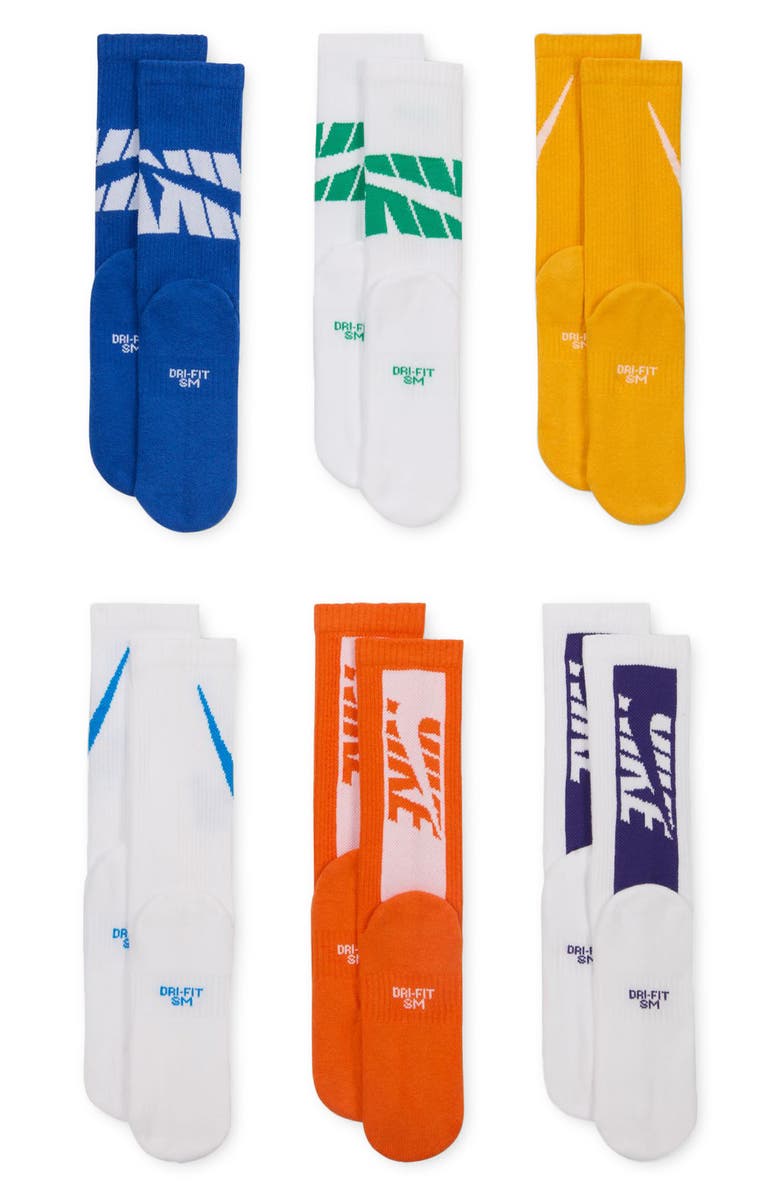 Nike Everyday 6-Pack Cushioned Crew Socks, Alternate, color, Multi Color Blue