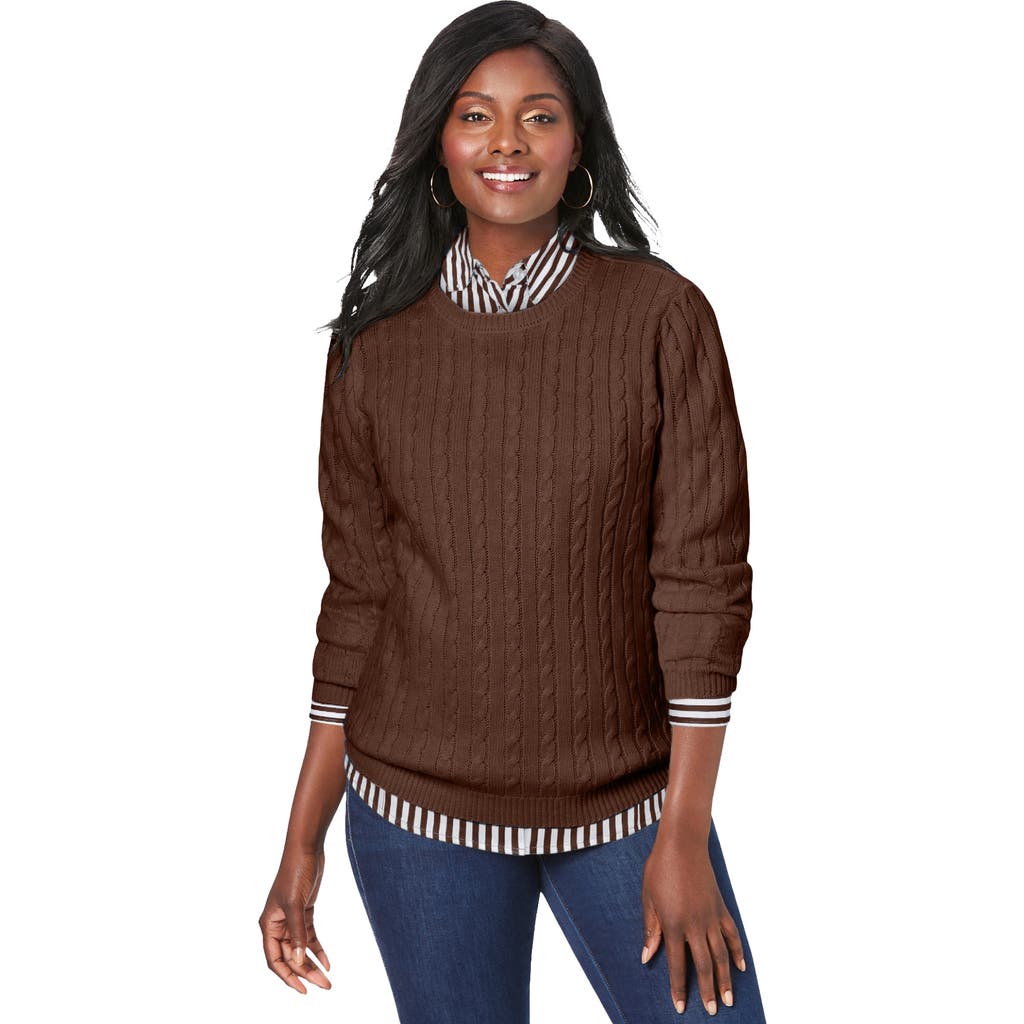 Jessica London Cable Crewneck Sweater In Brown