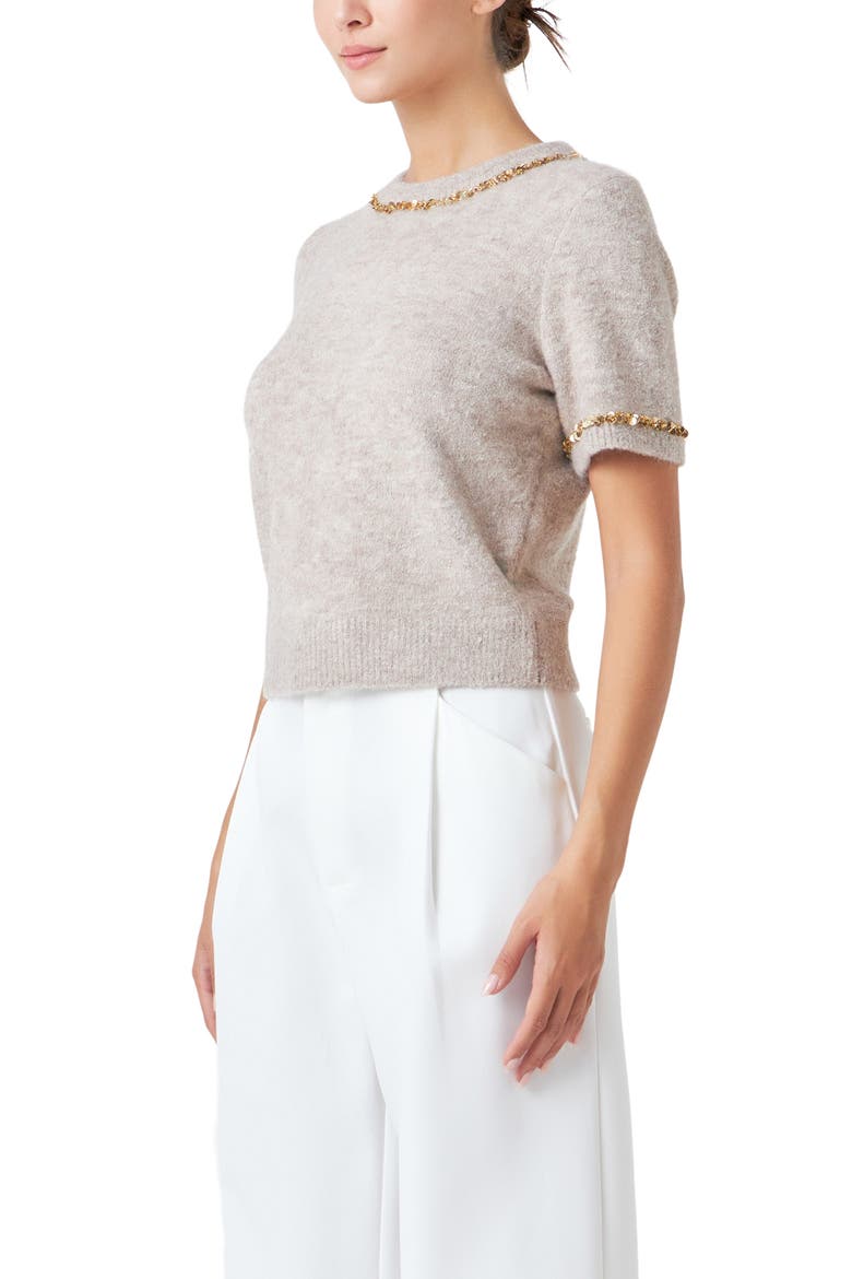 Paillette Trim Short Sleeve Sweater, Alternate, color, TAUPE