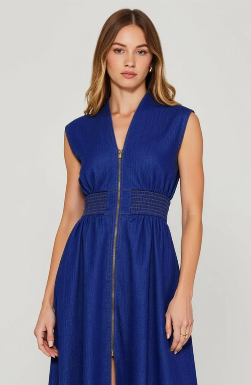 Modenaire Zip Front Sleeveless Denim Midi Dress With Smocked Waist Detail In Blue