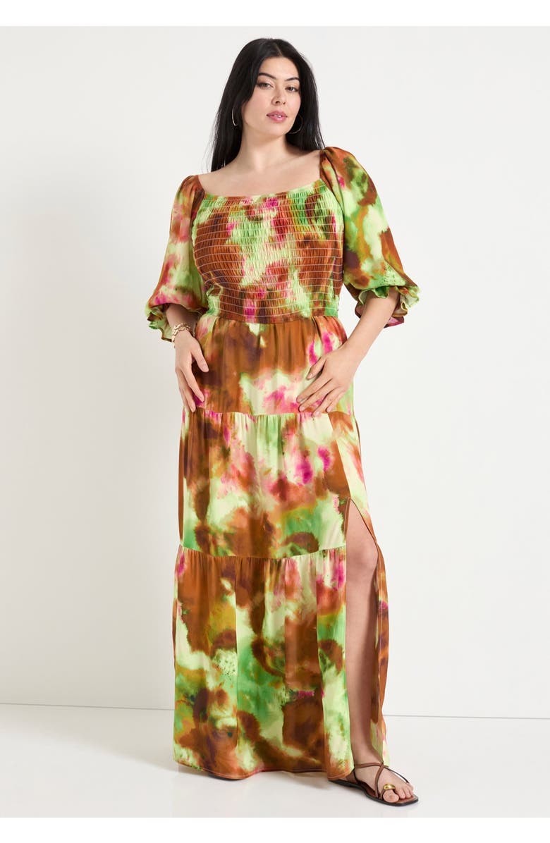 June + Vie Off-The-Shoulder Smocked Cropped Top, Alternate, color, Watercolor Tie Dye