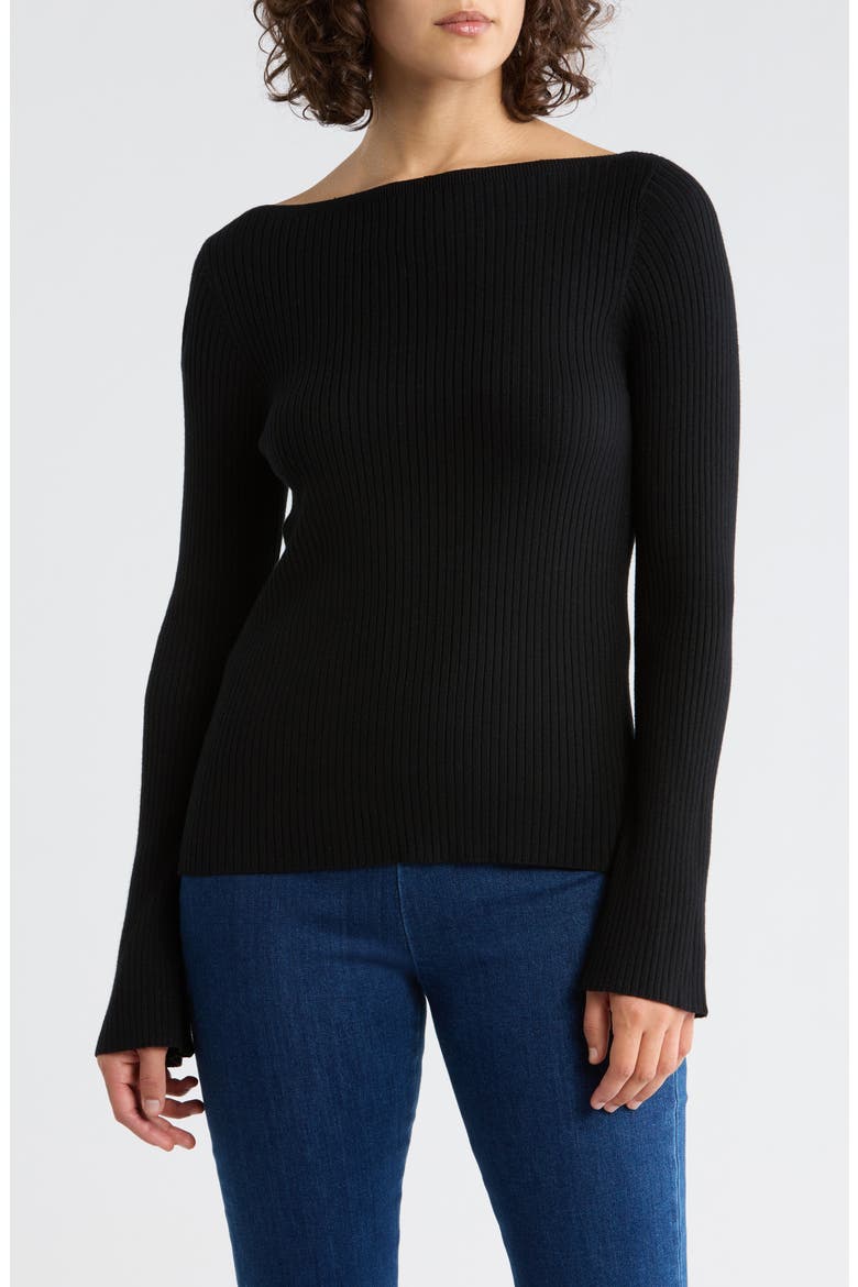Boat Neck Flare Sleeve Sculpt Sweater, Main, color, BLACK