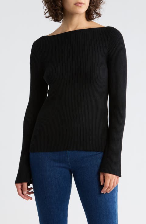 Boat Neck Flare Sleeve Sculpt Sweater