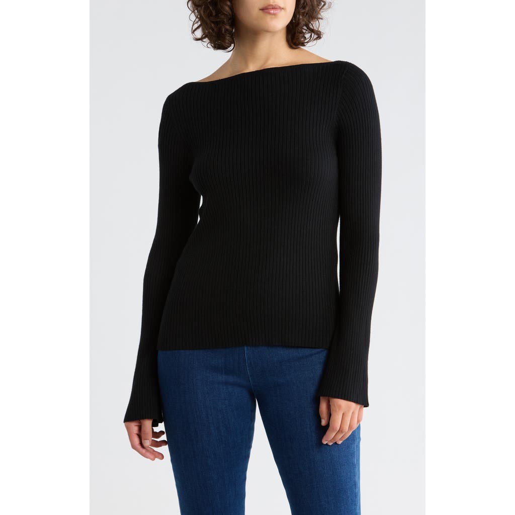 Leith Boat Neck Flare Sleeve Sculpt Sweater In Black