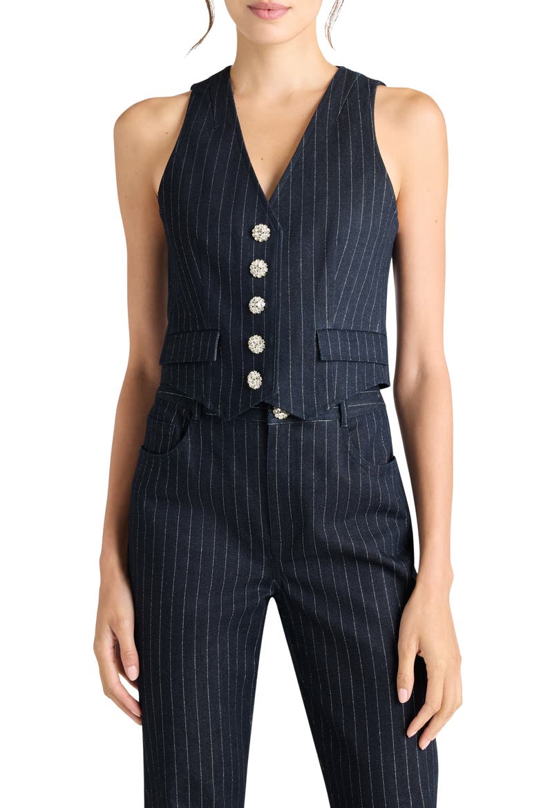 Ander Metallic Pinstripe Denim Vest, Main, color, INDIGO/ SILVER